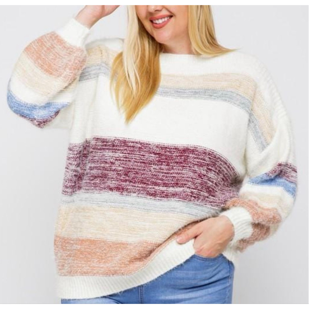 STACCATO White Multicolor Striped Crew Neck Sweater M